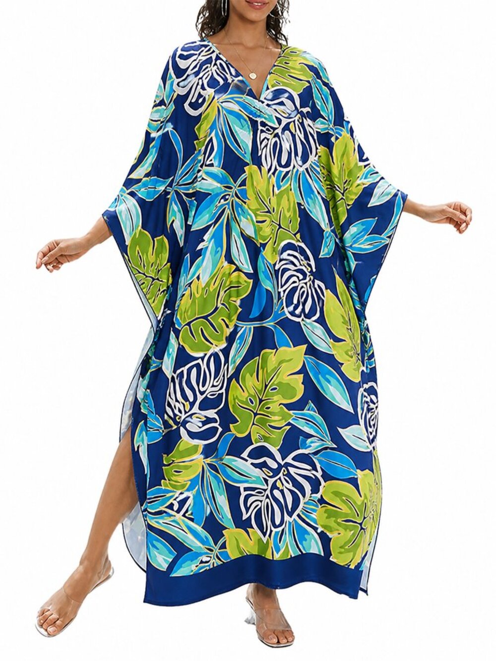 Gypsie Blu Women Plus Size Leaf Print Kaftan Maxi Dress for Beach Party Cover Up
